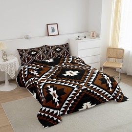 Rustic Western Twin Size Comforter Set For Men,Southwestern Aztec Bedding Set Bohemian Quilt Comforter Ethnic Mexican Geometric Diamond Duvet Insert Brown Black White Farmhouse Room Decor 2 Pcs