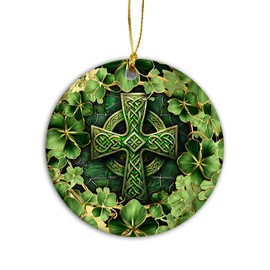 Saint Patrick's Day Ornament | Elegant Irish Celtic Cross Green and Gold, Religious & Spiritual Home Decor, Shamrock (Gold Leaf)