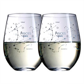 The Wine Savant Set of 2 Zodiac Sign Wine Glasses with 2 Wooden Coasters Astrology Drinking Glass Set with Etched Constellation Tumblers for Juice, Water Home Bar Horoscope Gifts 18oz (Pisces)