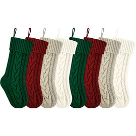 18 Inches Burgundy, Ivory,Green Khaki Knit Christmas Stockings Bulk Double Side Vintage Family Xmas Stockings for Fireplace and Home Decor,8 Pack