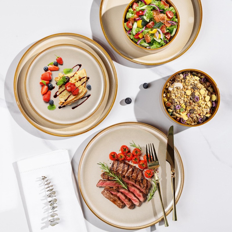 LERATIO Ceramic Dinnerware Sets for 4,Round Reactive Glaze Ceramic Plates