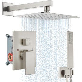 Midanya Shower Faucet Set,Wall Mount Shower System with Square Rain Shower Head and Hand Sprayer, Rough-in Valve Body and Trim Kit Included,10 Inch,Brushed Nickel