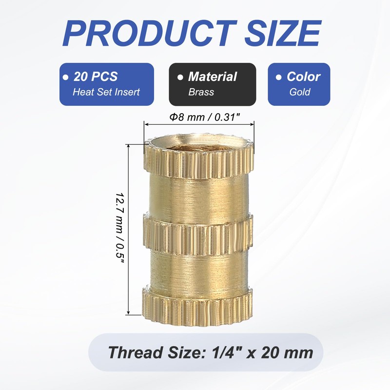 PATIKIL 20 Pcs Threaded Inserts Heat Set, 1/4"-20x12.7x8mm Female Brass