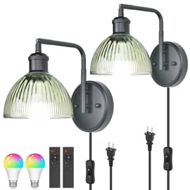 Plug in Wall Sconces Set of 2, Modern Gold Swing Arm Wall Lamp with Stripes Glass Lampshade, Plug-in or Hardwire Edison Bulb Wall Light fixture for Living Room, Bedroom, Bedside, Doorway, Hallway