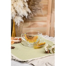 STP GOODS Sunflowers Glass Tea Cup and Saucer Set of 2 Glass Teacups 6.8 fl oz (200 ml) Cups with Matching Saucers for Two, Tea Coffee Set for 2, Coffee Cups, Dishwasher and Microwave safe