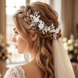 Unicra Flower Silver Bride Wedding Hair Pelo de vid Perla de novia, accesorios para el cabello con diamantes de imitación azules, diadema de hojas para mujeres y niñas (plata), 1 Count (Pack of 1),