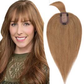 Hairro Hair Topper with Bangs for Women 100% Real Remy Human Hair Toppers 13x7cm Silk Base Hairpiece Cover Thinning Hair Loss (14 inch, Light Brown)