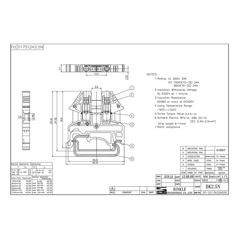 Dinkle Assembly Kit DK2.5N White/Black 10 Gang with Jumpers DIN