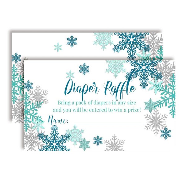Amanda Creation Blue and Silver Snowflake Diaper Raffle Tickets for Boy Baby Showers, 20 2" X 3” Double Sided Insert Cards for Games, Bring a Pack of Diapers to Win Favors & Prizes!