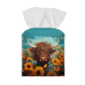 Zanxiantu Highland Cow Leather Tissue Box Cover Sunflower Square Tissue Box Holder Home Decorative Paper Organizer Dispenser Bathroom Car Office Tissue Cube Box Cover