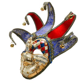 ILOVEMASKS Jester Carnival Mask Full Face Masquerade Costume for Men & Women, Mardi Gras Party Prom Venetian Novelties Venice Festival Jester Masquerade Mask with Bells - Red Blue