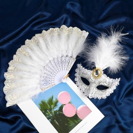 MWOOT Women's Masquerade Masks, Carnival Costume Accessories with Masks and Fans, White