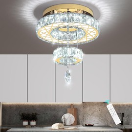 HAIXIANG 16inch Ceiling Light Modern LED Chandelier Bedroom Light Fixtures Crystal Flat Sloping Ceiling Lighting for Hallway Kitchen Dining Room Remote Dimmable,Gold