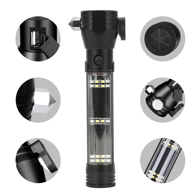 LED Solar Flashlight High Brightness Magnetic Torch USB Charging for