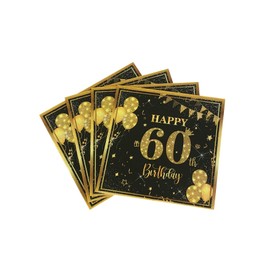 40Pcs 60th Birthday Paper Napkins Black and Gold Luncheon Napkins Cocktail Napkins Disposable Party Napkins Paper Beverage Napkins for Birthday Wedding Anniversary Decorations 6.5"