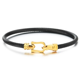 Stylish Black and Gold Stainless Steel Twisted Wire Bangle Bracelet with Hook Clasp for Women(CA)