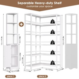 Keyluv 72" Tall Corner Bookshelf with Door, 6-Tier L Shaped Bookshelves and Bookcase with Storage Cabinet, 2 Pieces Individual Convertible Book Shelf, Display Shelf for Home Office Living Room, White