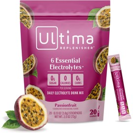 Ultima Replenisher Mezcla de bebida en polvo con electrolitos diarios – Maracuyá, 20 sobres – Paquetes de hidratación con 6 electrolitos y minerales traza – Apto para dietas cetogénicas, sin OMG