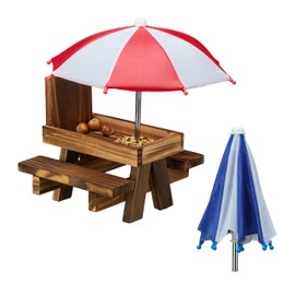 Relaxdays Squirrel Table Wooden Squirrel Bench with 2 Umbrellas Squirrel Picnic Table Hanging Dark Brown