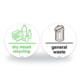 5 Sets of Premium Laminated Recycling Bin Signs - 95mm Waterproof Indoor/Outdoor Stickers - Wheelie Bin Waste Containers Signs - Dry mixed recycling/General Waste stickers
