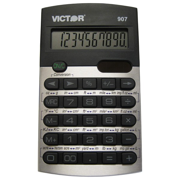 Victor 907 10-Digit Standard Function Calculator, Metric Conversion Calculator, Battery and Solar Hybrid Powered LCD Display, Small Pocket Calculator for Students and Professionals, Black & Silver