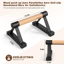 EVERYMATE Wood Push Up Bars Parallettes Bars with Rubber Feet, Anti-slip Handstand Bars for Calisthenics, Equipment for Home, Push Up Handles for Floor, Handstand Push Up Handles, Support 600 LB