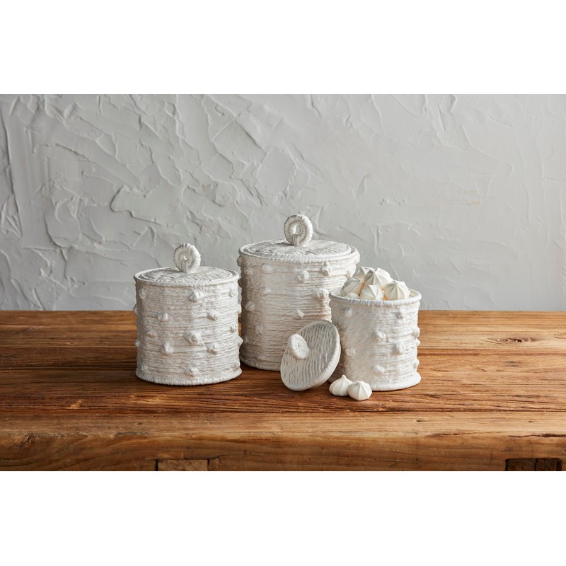 Mud Pie Woven Ceramic Canister Set; Small 5 3/4" x
