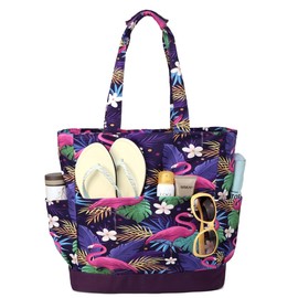 VASCHY Beach Bag, Water Resistant Large Women's Lightweight Foldable Summer Shoulder Bag with Zip and Multi-Pockets for Holidays, Travel, Beach, Pool, Shopping, Gym, 17.3 L, A-Flamingo purple, Taille