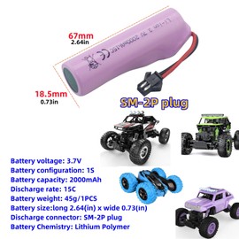 Fytoo 3PCS 3.7V 2000mah SM-2P Plug Lithium Battery with USB Charging Cable for DE68 DE44 DE45W DE45 DE58 DE49 DE57 DE70 Off-Road Vehicle Truck Tank RC Toy Car Battery