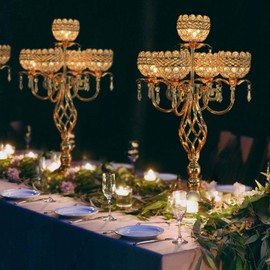 Crystal Candelabra Centerpiece, 5-Light Gold Metal Stand with Hanging Crystals, Decorative Wedding Table Holder (2, Gold)