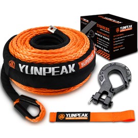 Synthetic Winch Rope Kit, 3/8" x92 ft 27000LBS Winch Cable Replace Kit, with Protective Sleeve, Heavy Duty Hook, Safety Pull Strap for Off-Road 4x4 Vehicles SUV Jeep(Orange)