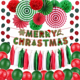 DUOLEIMI Christmas Paper Fan Pom Poms Flower Paper Garland Decoration Set 34pcs Wall Ornaments Christmas Decorations Fans Paper Flowers Christmas Party Decoration Home Decor Decor