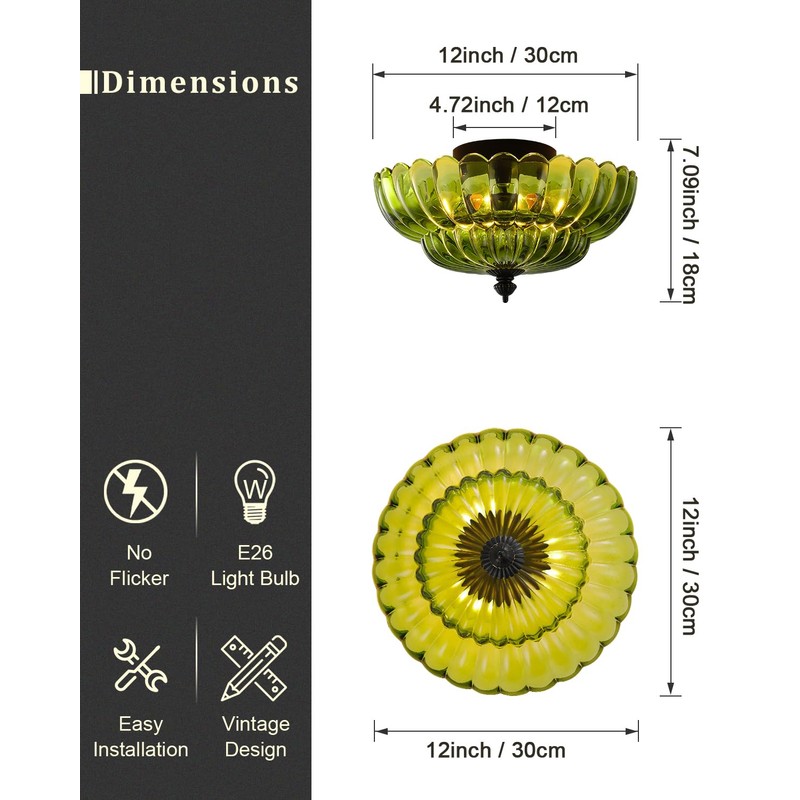 ANYLOVE Modern 12Inch Green Flower Glass Semi Flush Mount Ceiling