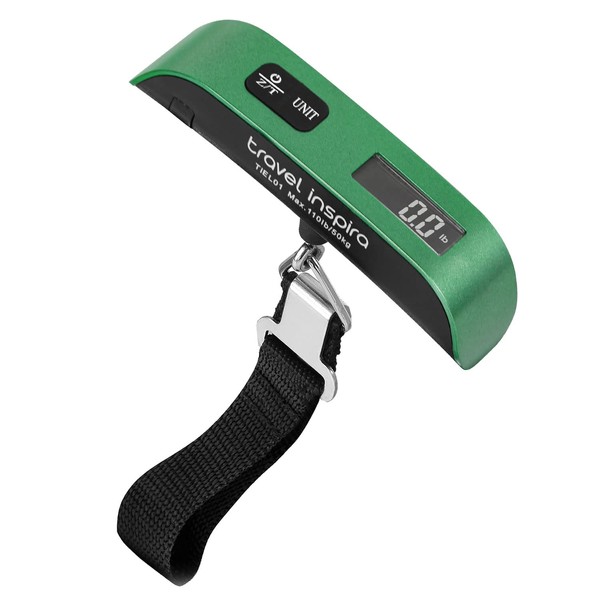 travel inspira Luggage Scale, Portable Digital Hanging Baggage Scale for Travel, Suitcase Weight Scale with Rubber Paint, 110 Pounds, Battery Included - Green