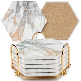 Geila Marble Coasters for Absorbent Drinks, 6pcs Set with Metal Holder - Gold Cup Coasters for Coffee Table, Rustic Home Decor for Living Room Bar - Housewarming Gifts (Hexagonal)