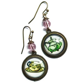 Green Teapot And Teacup Earrings