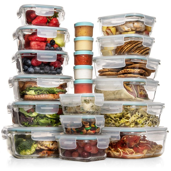 Razab 35 Pc Set Glass Food Storage Containers with Lids - Glass Meal Prep Containers Airtight Glass Bento Boxes BPA-Free 100% Leak Proof (15 lids,15 glass & 5 Plastic Sauce/Dip Containers)