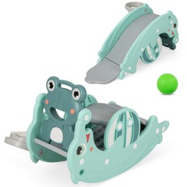 Costzon 4 in 1 Toddler Slide Rocking Toy, Slide for Kids with Basketball Hoop, Rocking Horse, Climber Playground Kids Slide for Both Indoors Outdoor Use (Green Forg)
