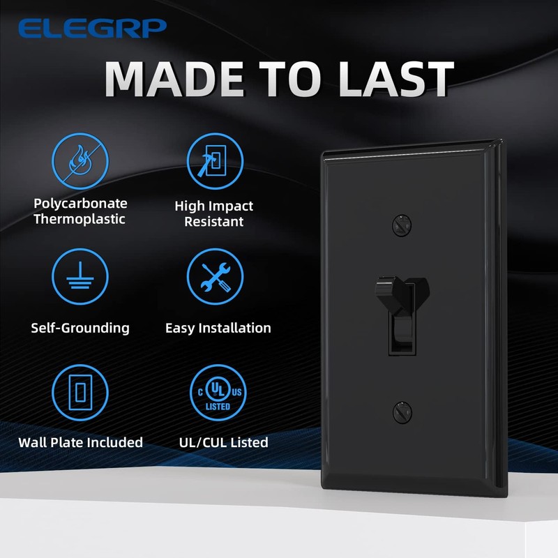 ELEGRP Single Pole Toggle Light Switch with Plate, 15 Amp,
