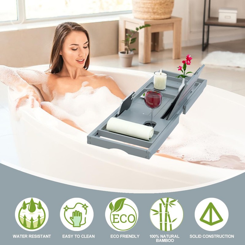 Premium Bamboo Bathtub Caddy Tray - Bath Tray - Bath