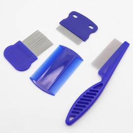 Pet Flea Lice Comb Grooming Kit, 4 Pieces, Dense Toothed Comb for Lice and Fleas Removal, Dematting Tool for Small, Medium & Large Pets,Blue