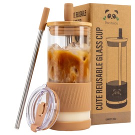 Pandaloo® Glass Cups With Lids and Straws -20 Fl Oz- Perfect Size Iced Coffee Cup - Smoothie Cup With Bamboo Lid and On the go Lid - Glass Tumbler With Straw (1 Count (Pack of 1), Amber Sand)