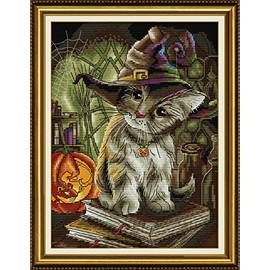 Stitchmelody 14CT Counted Cross Stitch Kits,DMC Unprinted Pattern Embroidery Set Needlework-Cat Magician 9.8''×12.6''