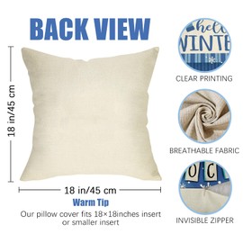 Fahrendom Hello Winter Snowman Decorative Throw Pillow Covers 18 x 18 Set of 4, Let It Snow Hot Cocoa Blue Porch Patio Outdoor Pillowcase, Knit Stripes Mitten Christmas Sofa Cushion Case Home Decor