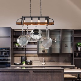 WUZUPS 4-Light Metal Pot Hanging Rack Chandelier Imitation Wood Grain Linear Pendant Ceiling Lighting Rustic Farmhouse Fixture Kitchen Island Dining Room, H 9.8" x L 34.6" x W11.8, E26 Base, Black