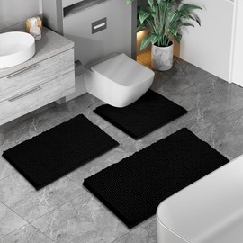 RUN HELIX Bathroom Rugs Set 2 Piece Thick Chenille Bath Mats, Soft Quick Dry Plush Absorbent Bath Rugs with Non-Slip PVC Backing, 32x20+24x16 Inch Black