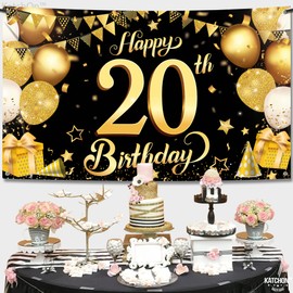KatchOn, Black and Gold Happy 20th Birthday Banner - Large, 72x44 Inch | 20th Birthday Banner, Cheers To 20 Years | 20th Birthday Decorations for Men | Black and Gold 20 Birthday Decorations For Him