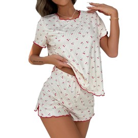 Remidoo Womens Cute Cherry Pajama Set Causal Lettuce Trim Split Hem Loungewear White X-Large