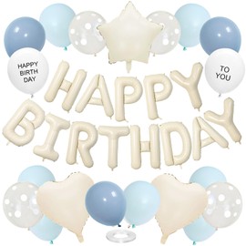 GRESATEK Birthday Balloons, Balloons, Decoration Set, Happy Birthday, Letters, Stars, Clear Dot Balloons, Happy Birthday Decorations, Luxurious Set, Ribbon Included, Beige, Blue