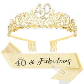 CIEHER 40th Birthday Crown + 40 & Fabulous Birthday Sash + Pearl Pin Set, Gold 40th Birthday Tiara, 40th Birthday Gifts Women Friends, 40th Birthday Decorations for Women